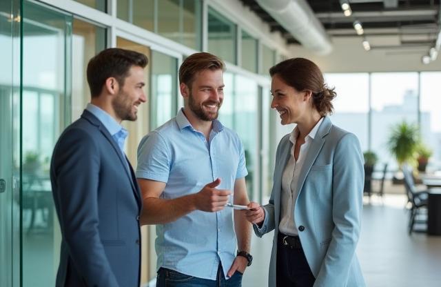 L’équipe Grantroofdip accompagnant un client dans le showroom